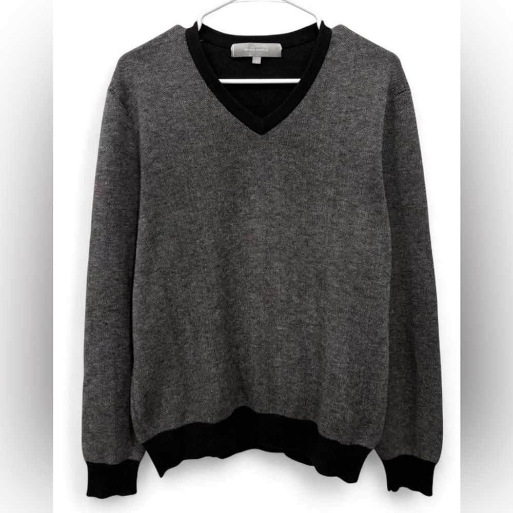 Neiman Marcus Cashmere Blend V Neck Pullover Sweater Large Gray Black Classic